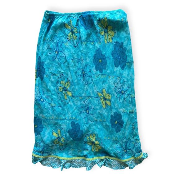 Vintage Y2K Anne Carson Ruffled High Low Slip Skirt Blue Lime Green Floral  L - Picture 2 of 7